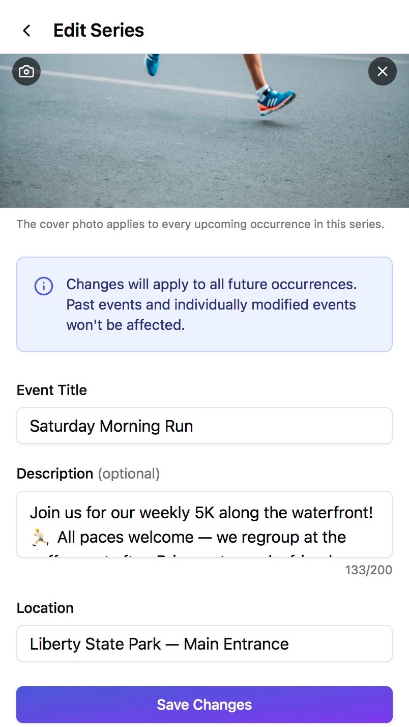 Kit's recurring event editor — set the title, description, and location once for the whole series