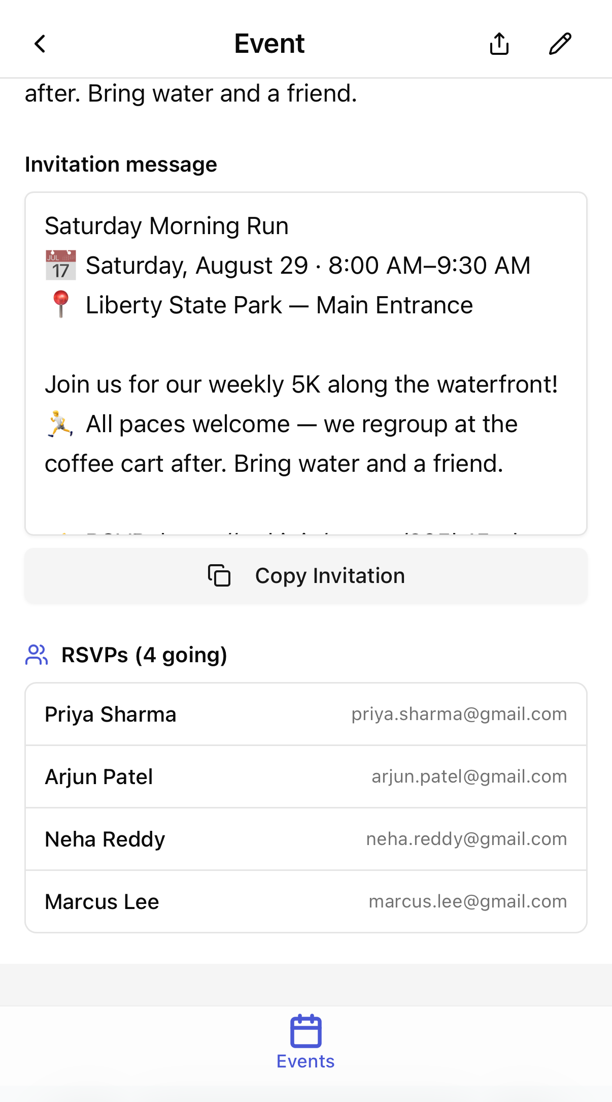 An event's auto-generated invitation message with a one-tap Copy Invitation button and the list of who's RSVP'd