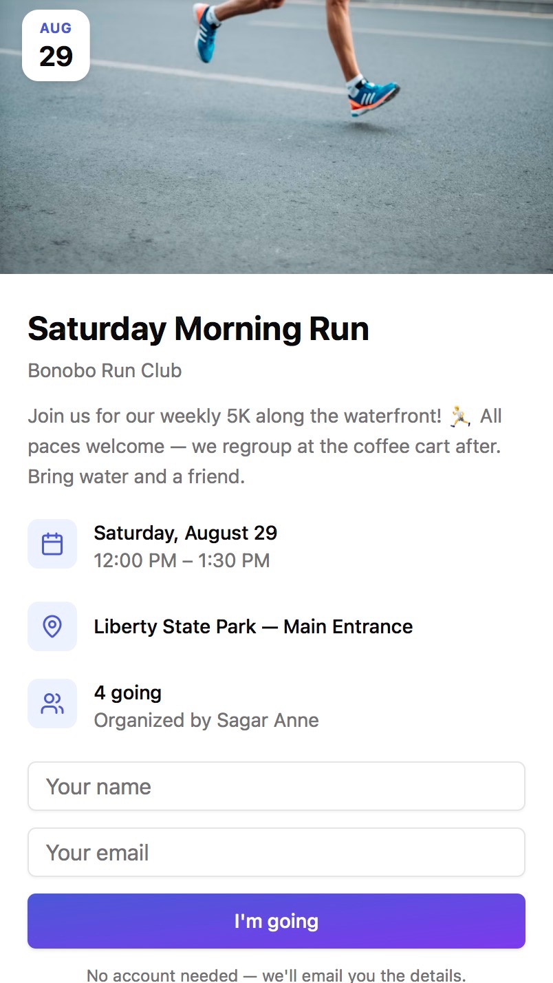 Kit's public RSVP page — an invitee taps to RSVP with just their name and email, no account required